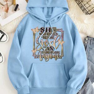 {NEW} Women's God Letter Print Hoodie Sky Blue Large